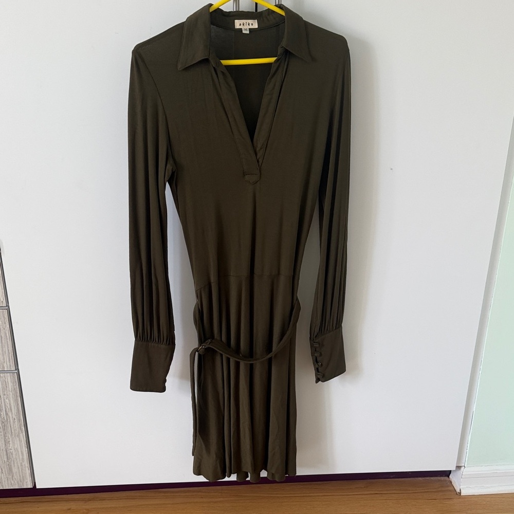 Olive Green Long Sleeve Collared Midi Dress